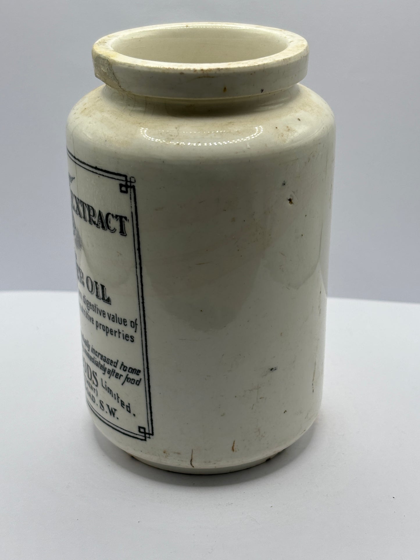 Old stoneware advertising malt extract jar. Repaired