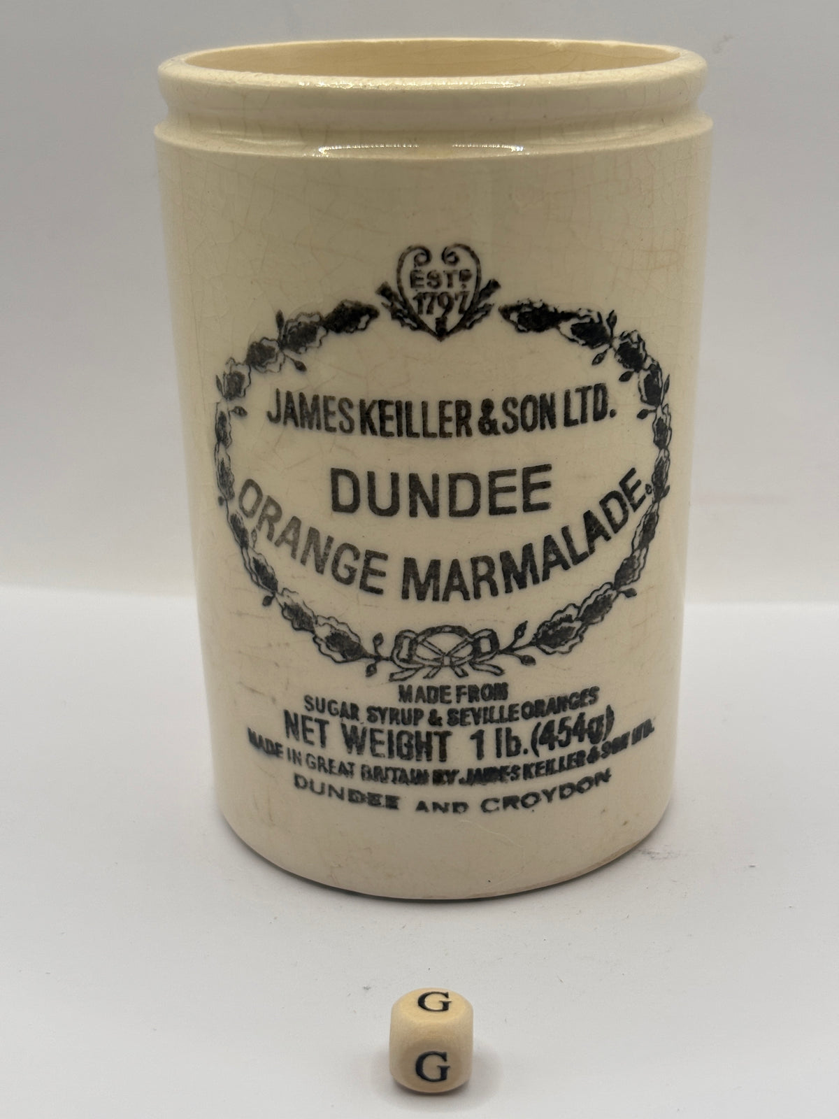 Old 1lb stoneware marmalade pot, James Keiller Dundee marmalade (G)