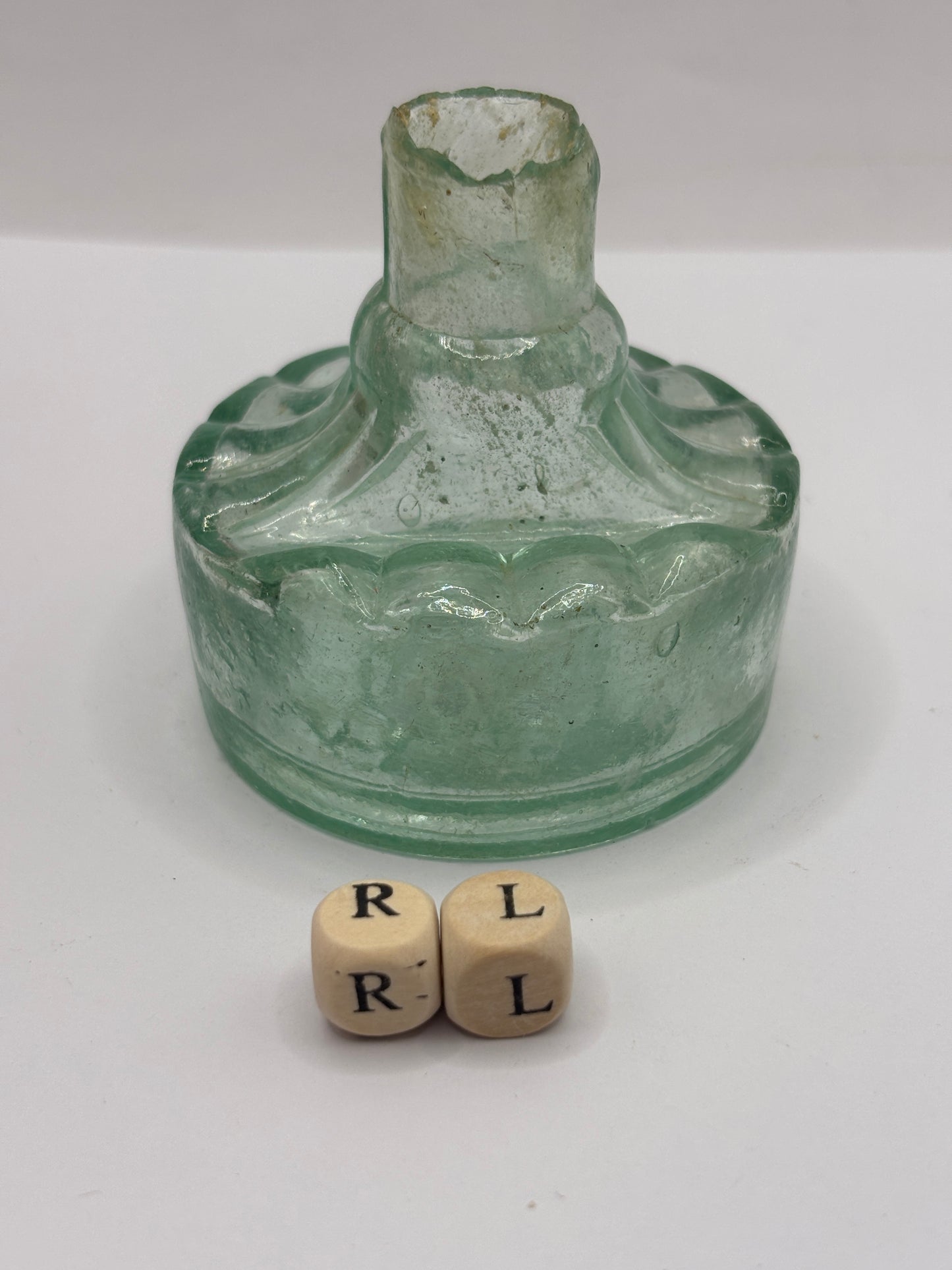 Old aqua glass tent ink, ink bottle. Inkwell (RL) diamond registration to base. Circus tent ink