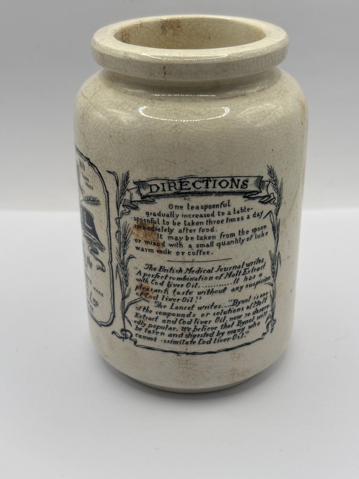 Old advertising jar, Bynol the perfected malt & oil