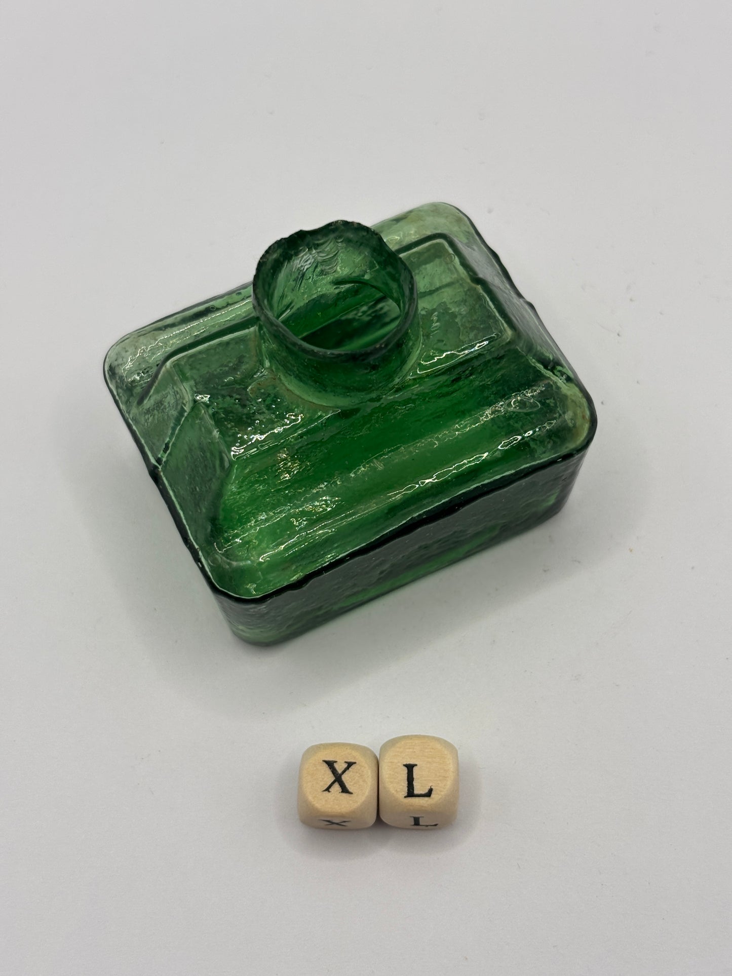 Old green glass boat ink, inkwell, penny ink (XL)