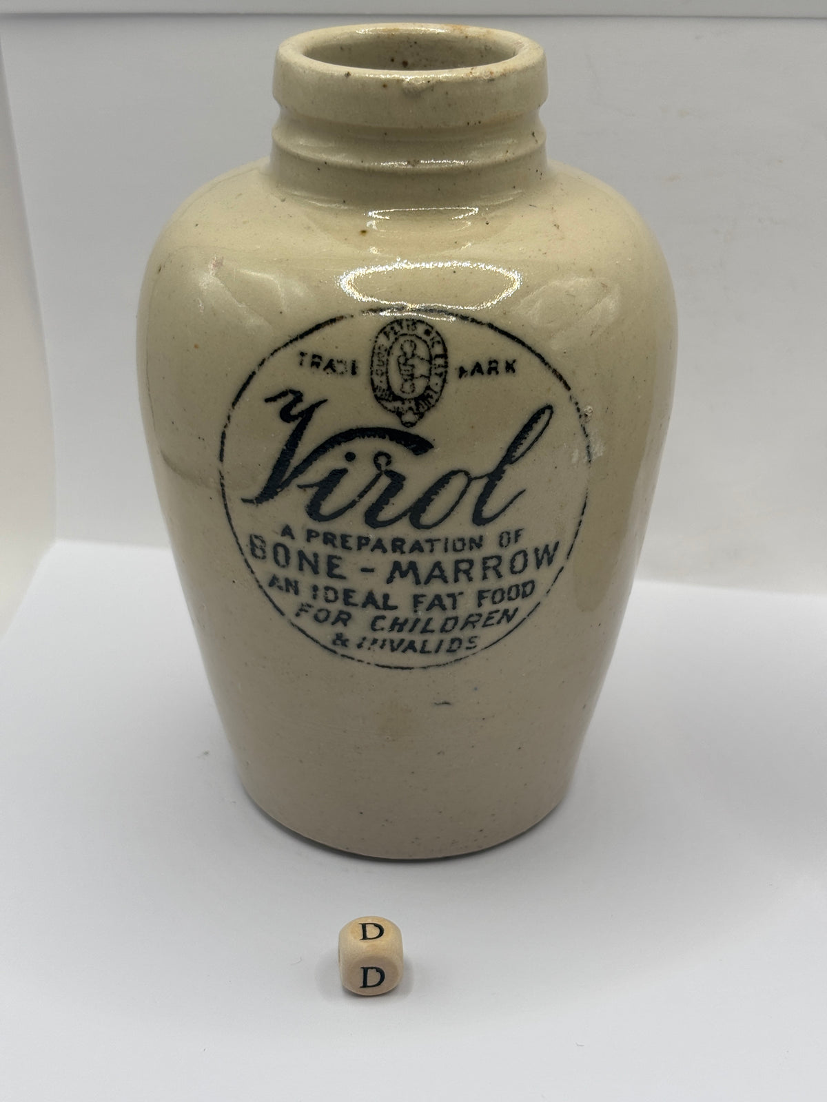 Old advertising stoneware Virol pot, 13.5cms (D)