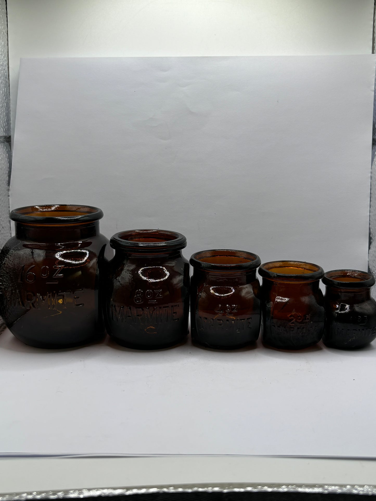 5 old amber glass marmite jars (B)