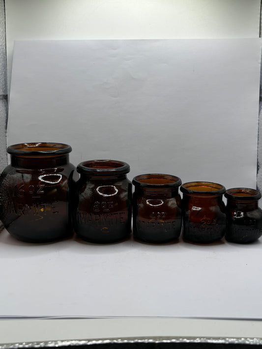 5 old amber glass marmite jars (B)