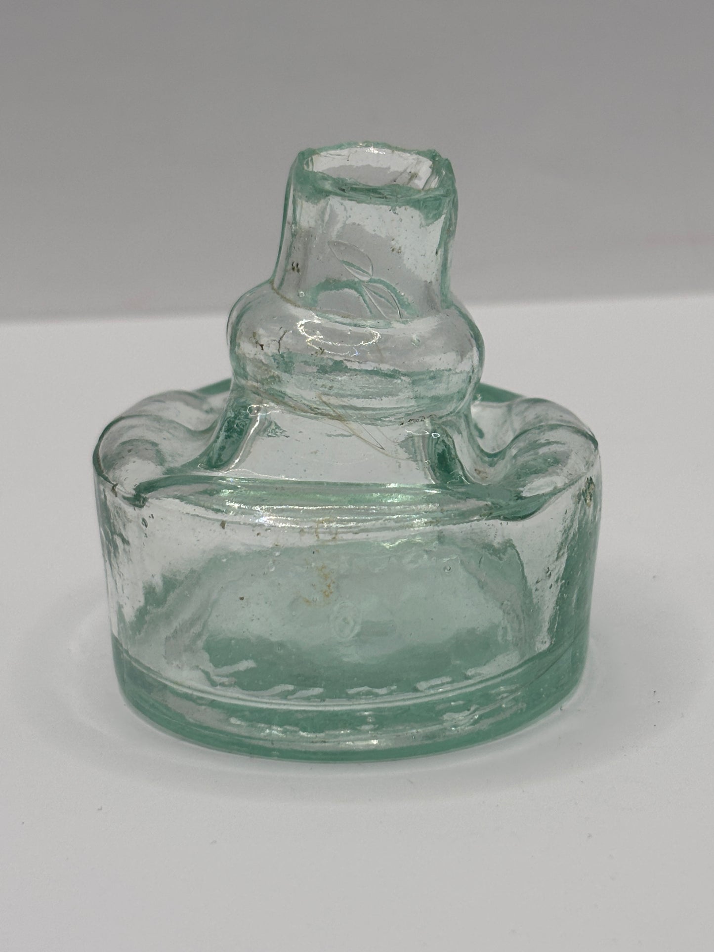 Old aqua glass inkwell, ink bottle, penny ink. TW & Co