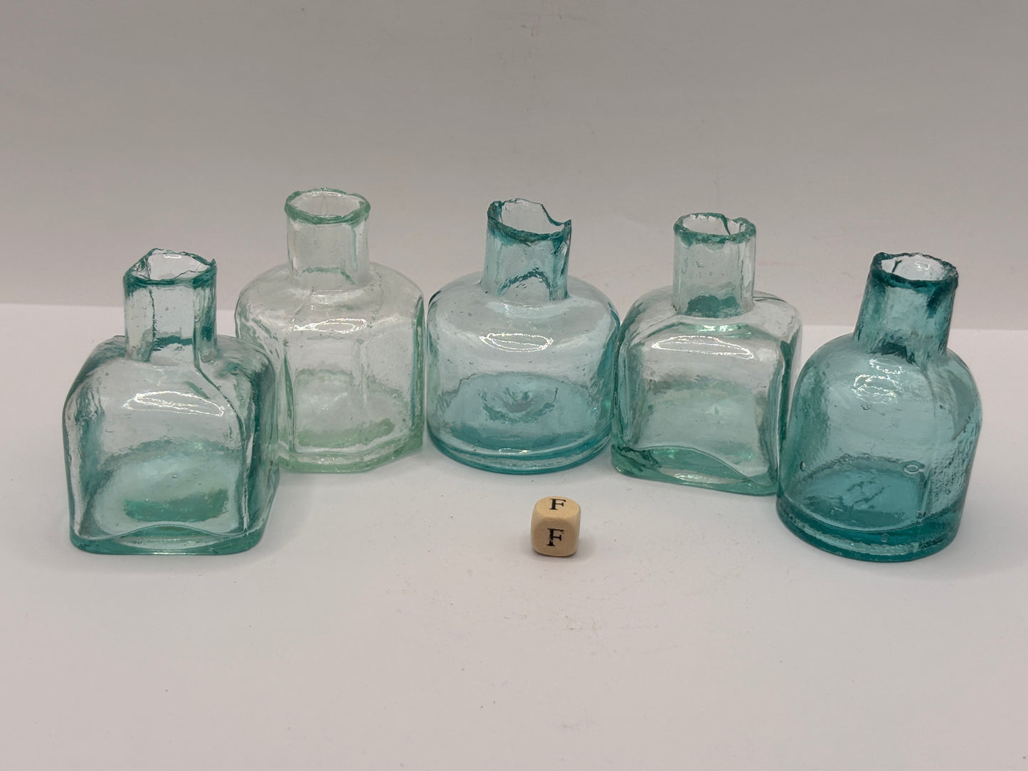 5 old aqua glass inks, inkwells, ink bottles, penny ink (F)