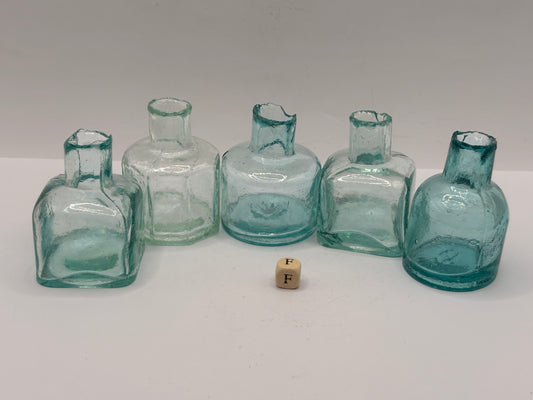 5 old aqua glass inks, inkwells, ink bottles, penny ink (F)