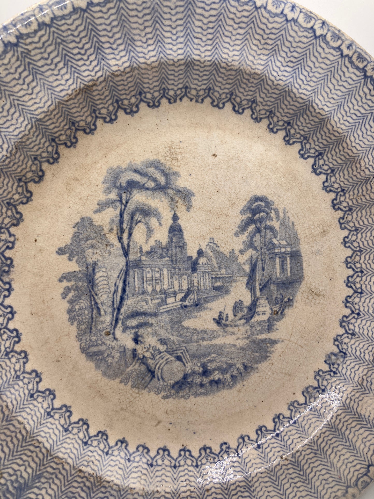 2 old blue and white plates, mid 1800s with diamond registration, stained & crazed