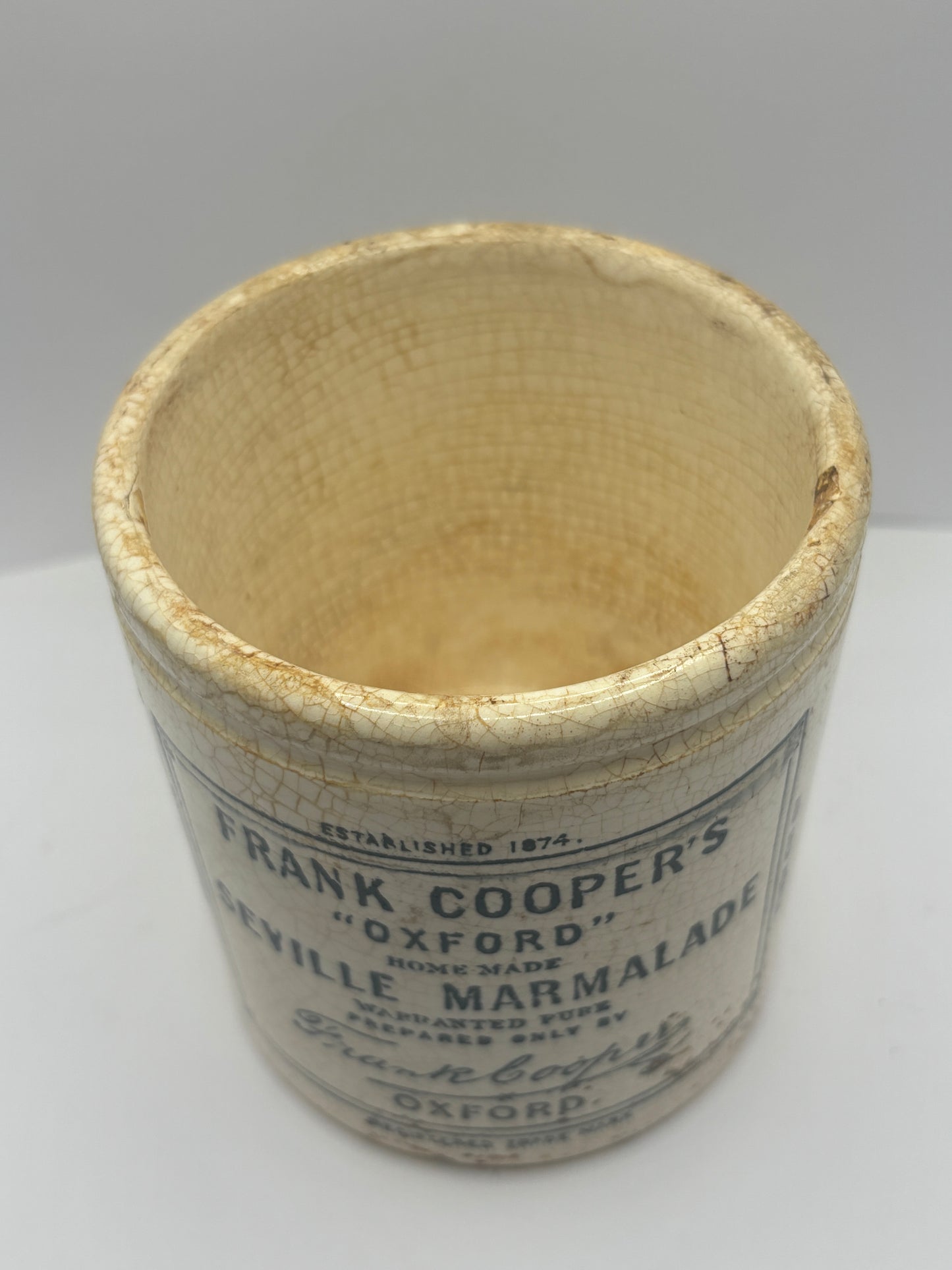 1lb Frank coopers marmalade jar, stained & crazed