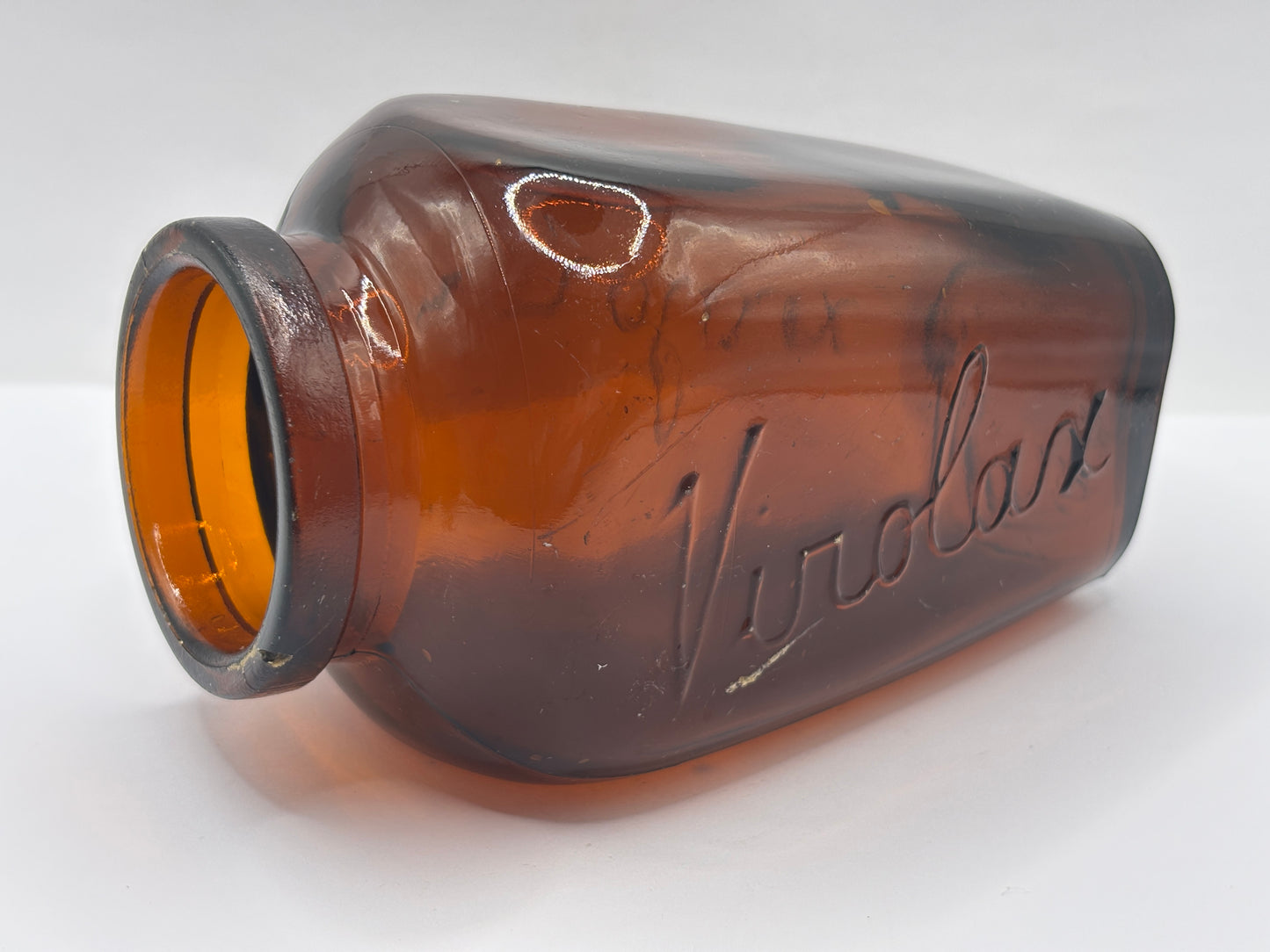 old large amber glass virolax jar 13.5cms