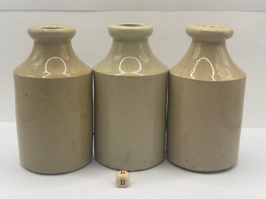 3 old off white stoneware furniture cream pots, bottles (B)