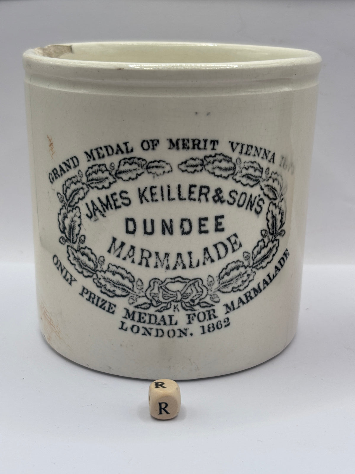 Old 2lb stoneware marmalade pot, James Keiller Dundee marmalade (R) damaged