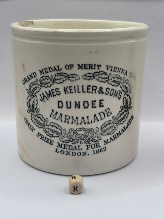 Old 2lb stoneware marmalade pot, James Keiller Dundee marmalade (R) damaged