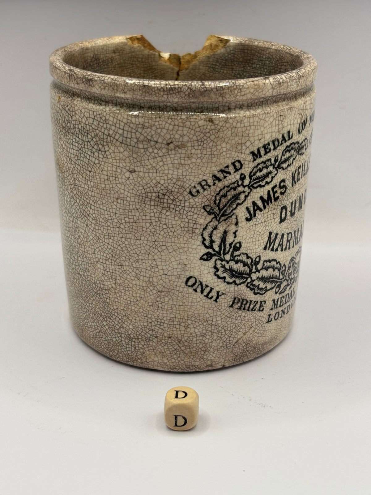 Old 1lb stoneware marmalade pot, James Keiller Dundee marmalade (D) damaged