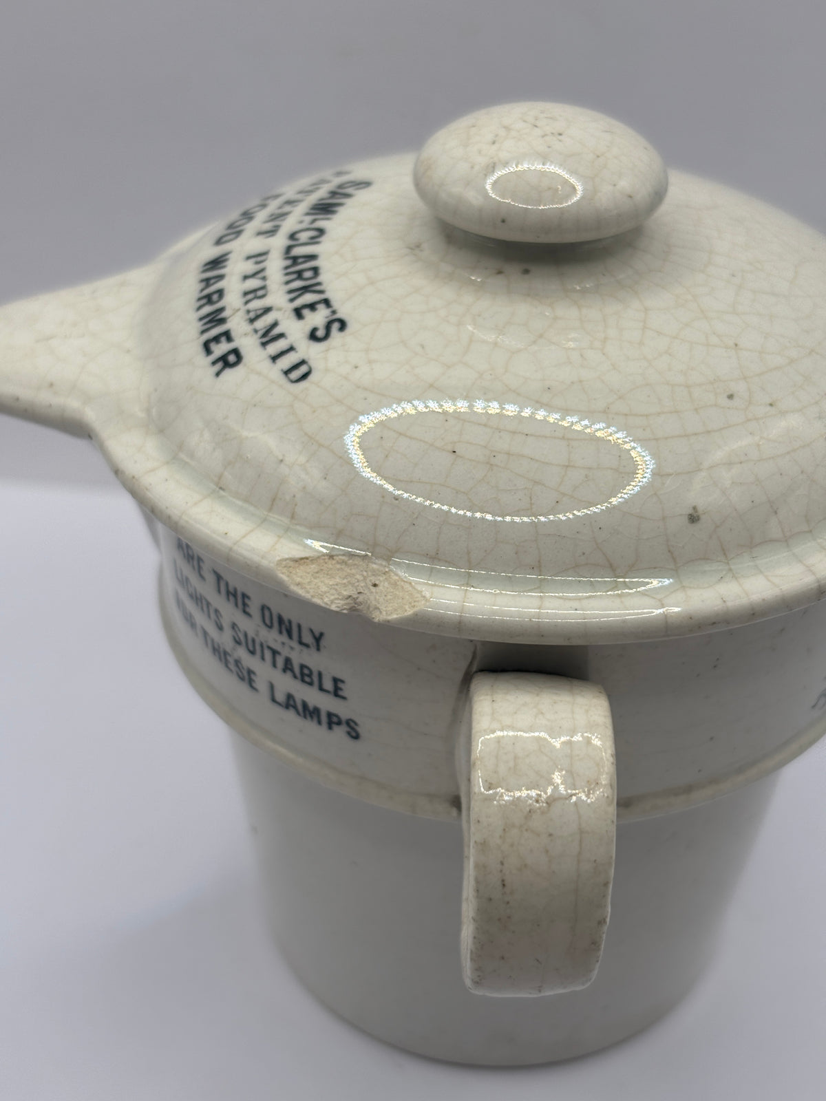 Old stoneware advertising food warmer, Clarkes pyramid food warmer & lid