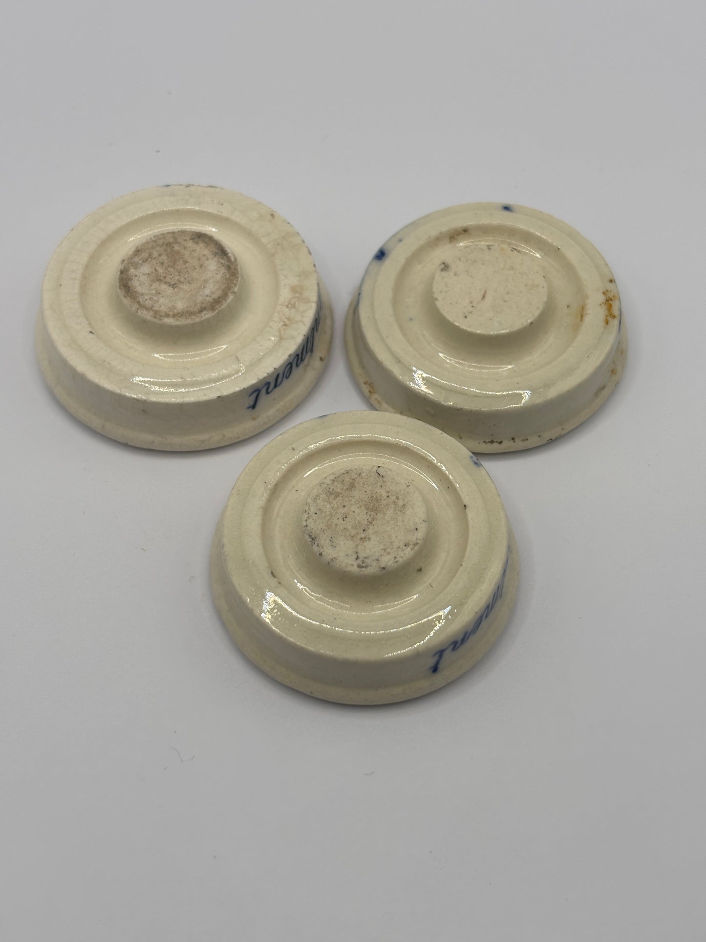 3 Old Singletons stoneware eye ointment, stack