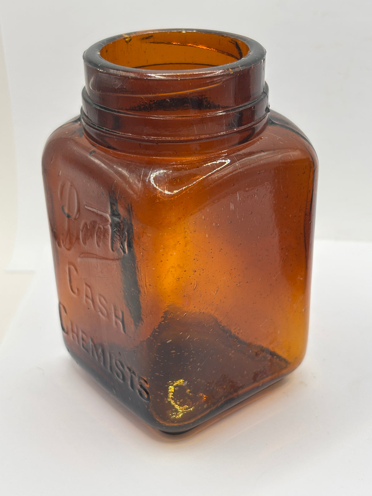 Old amber glass Boots Cash chemists jar 11.5cms