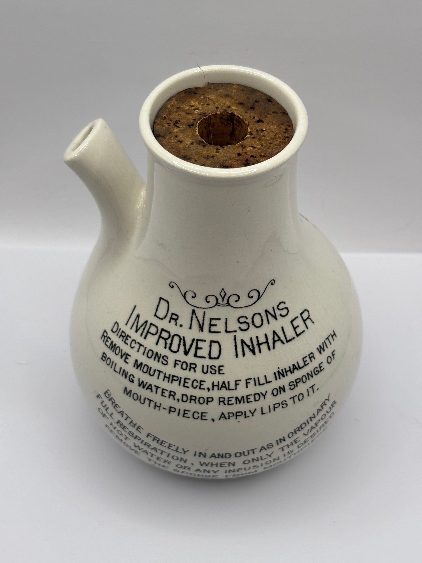 Old stoneware advertising inhaler, Dr Nelsons improved inhaler