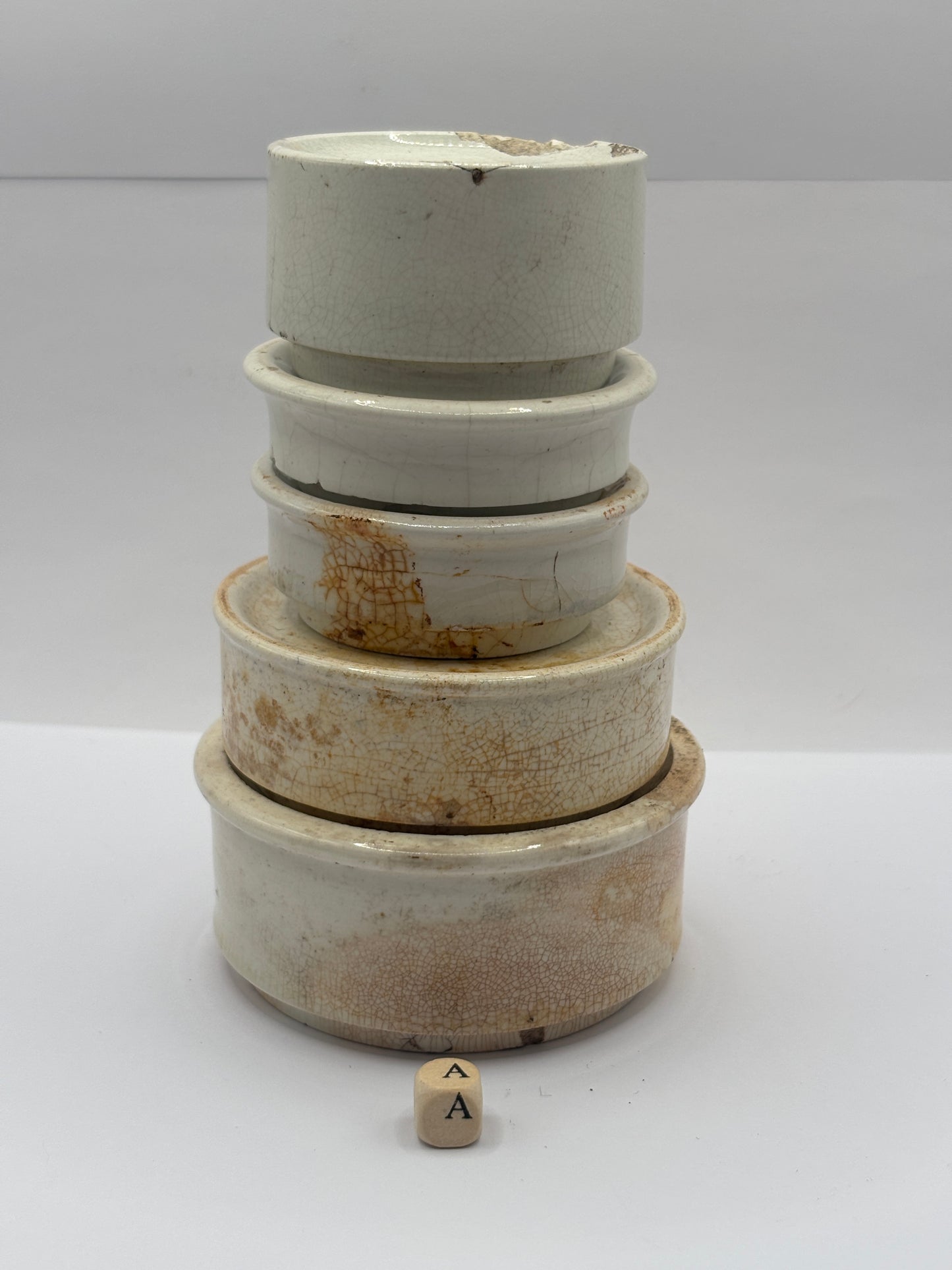 5 old pot lid bases, stackers, risers (a)