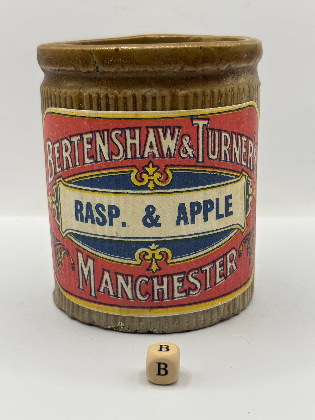 Old 1lb ribbed stoneware jam pot with added label (B)
