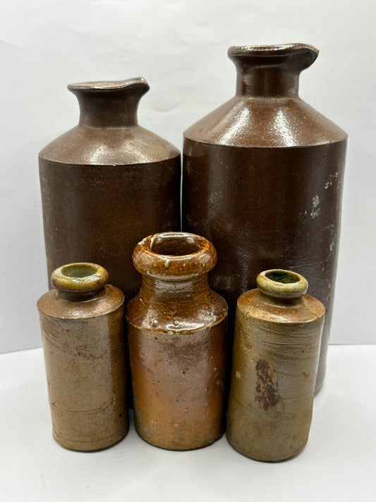 5 old brown stoneware pots