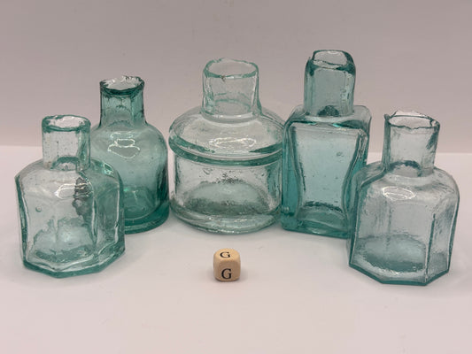 5 old aqua glass inks, inkwells, ink bottles, penny ink (G)