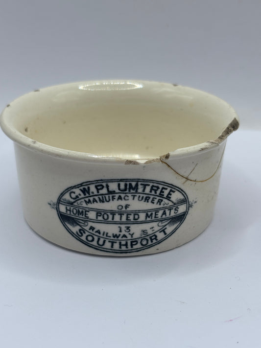 Old advertising meat paste pot, Plumtree home potted meats. Damaged