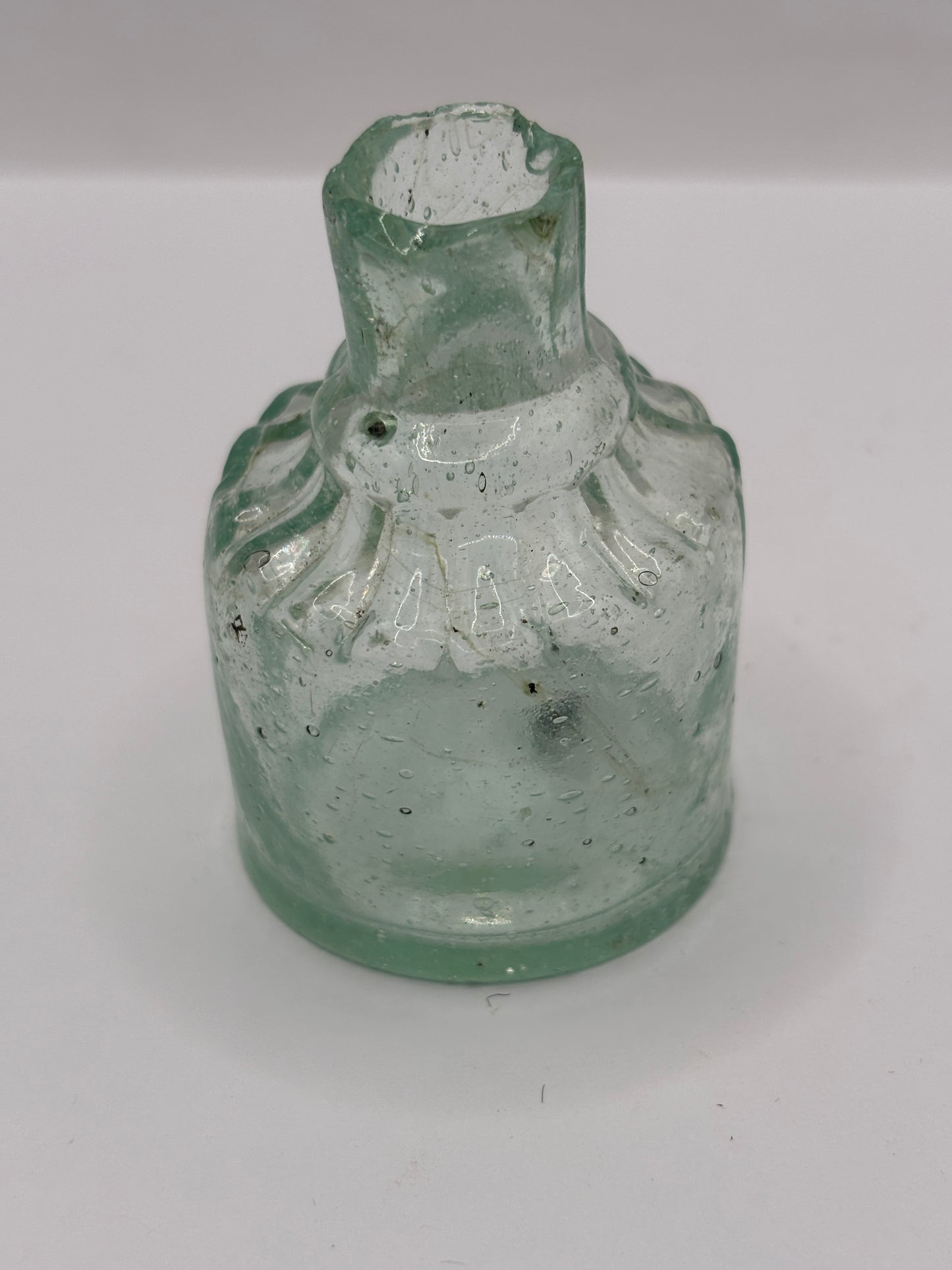 Old aqua glass inkwell, ink bottle. Penny ink