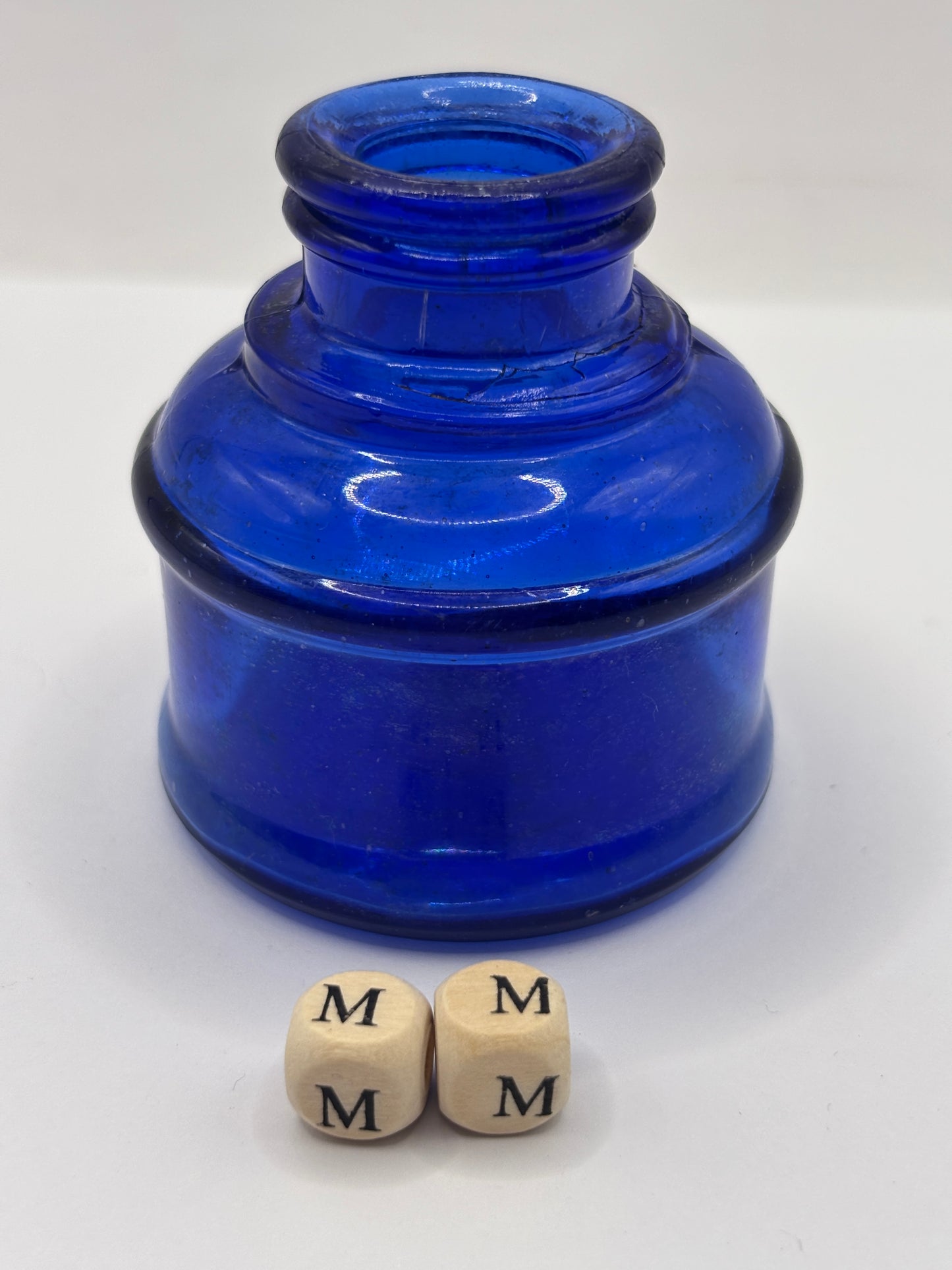Old cobalt blue glass ink bottle, inkwell (mm)