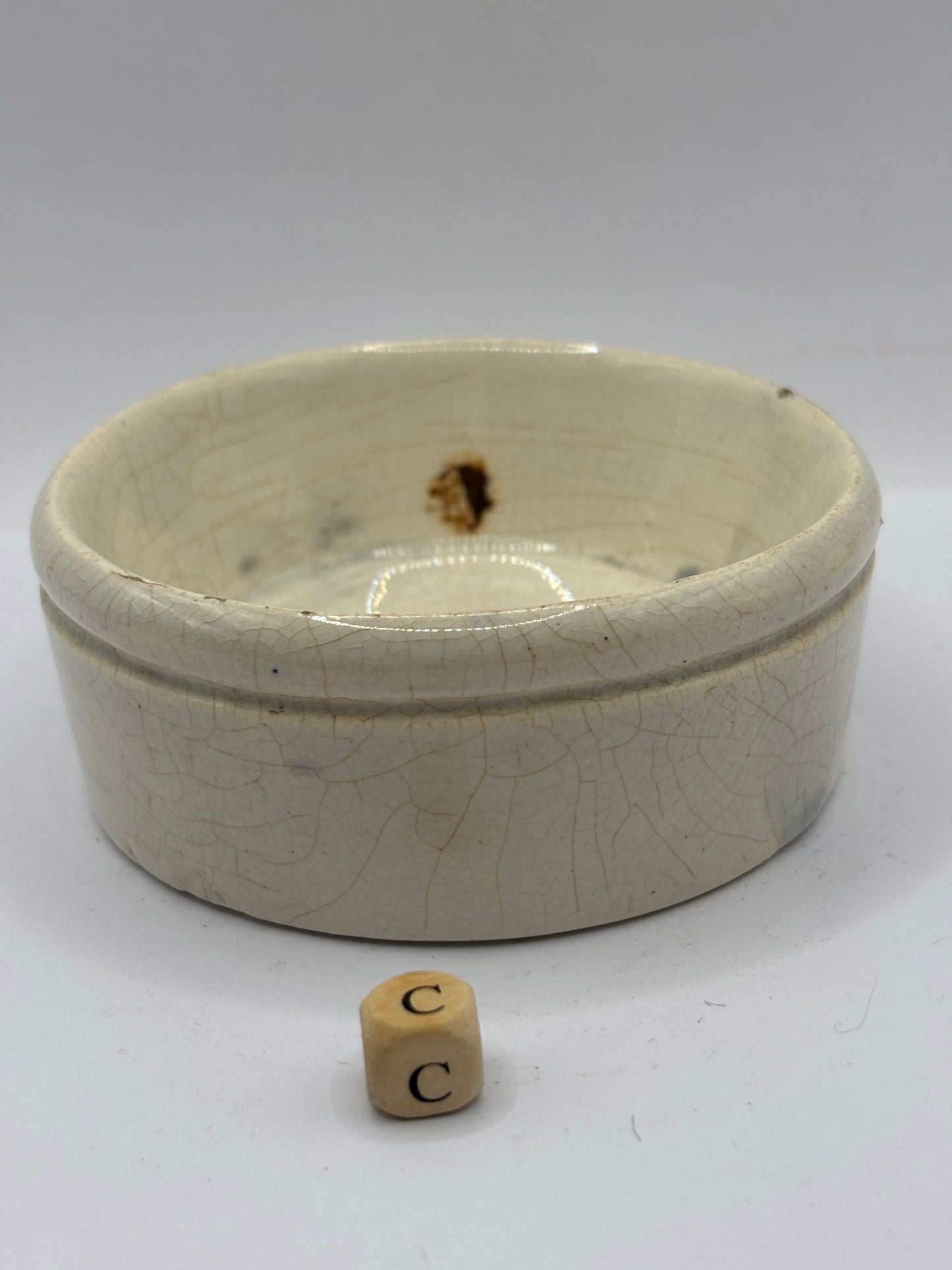 Old plain stoneware meat paste pot (c) stained & crazed