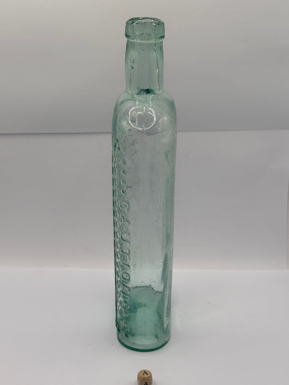 Old large aqua glass poison bottle 24cms (a)