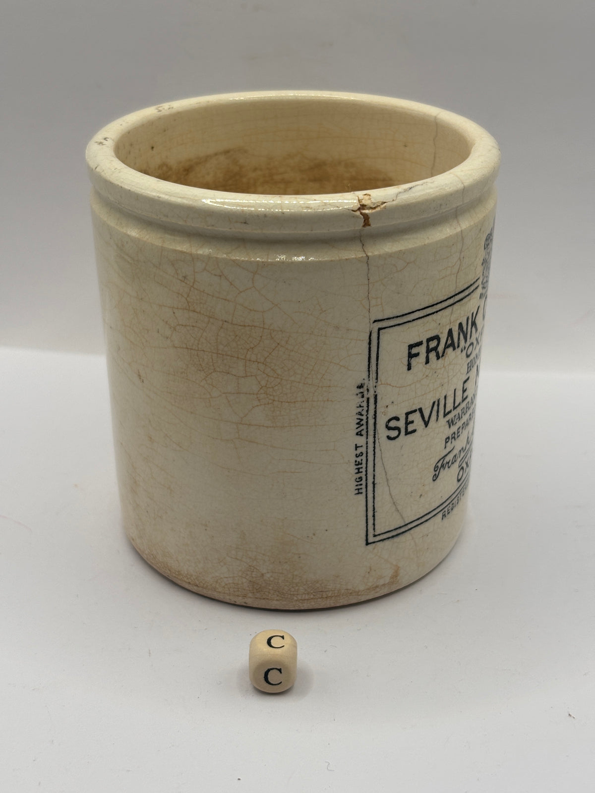 Old 1lb stoneware marmalade pot, Frank Coopers. Damaged (c)