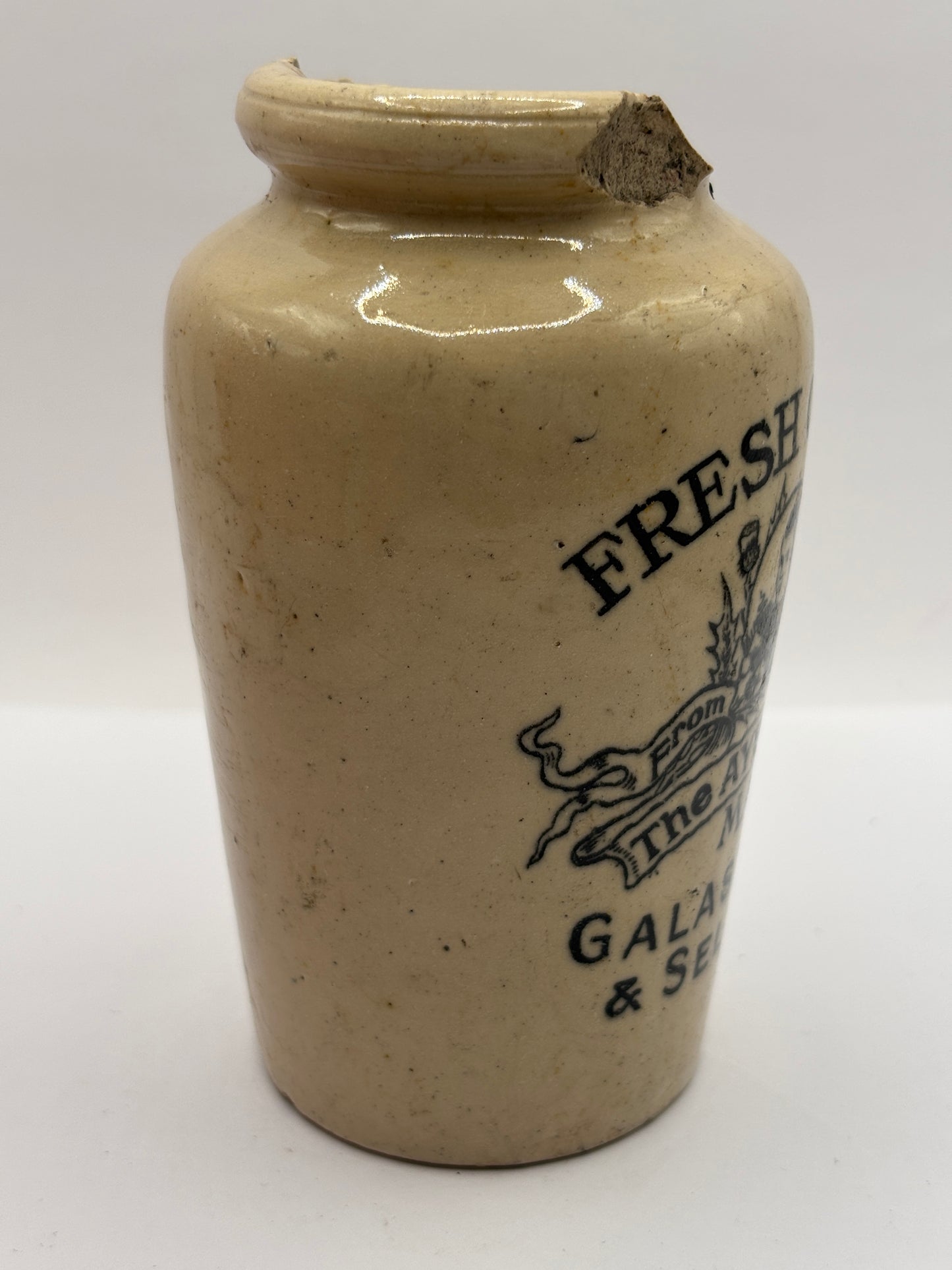 Old rare advertising cream pot, Fresh cream from the Ayrshire market. Damaged. Repair project?