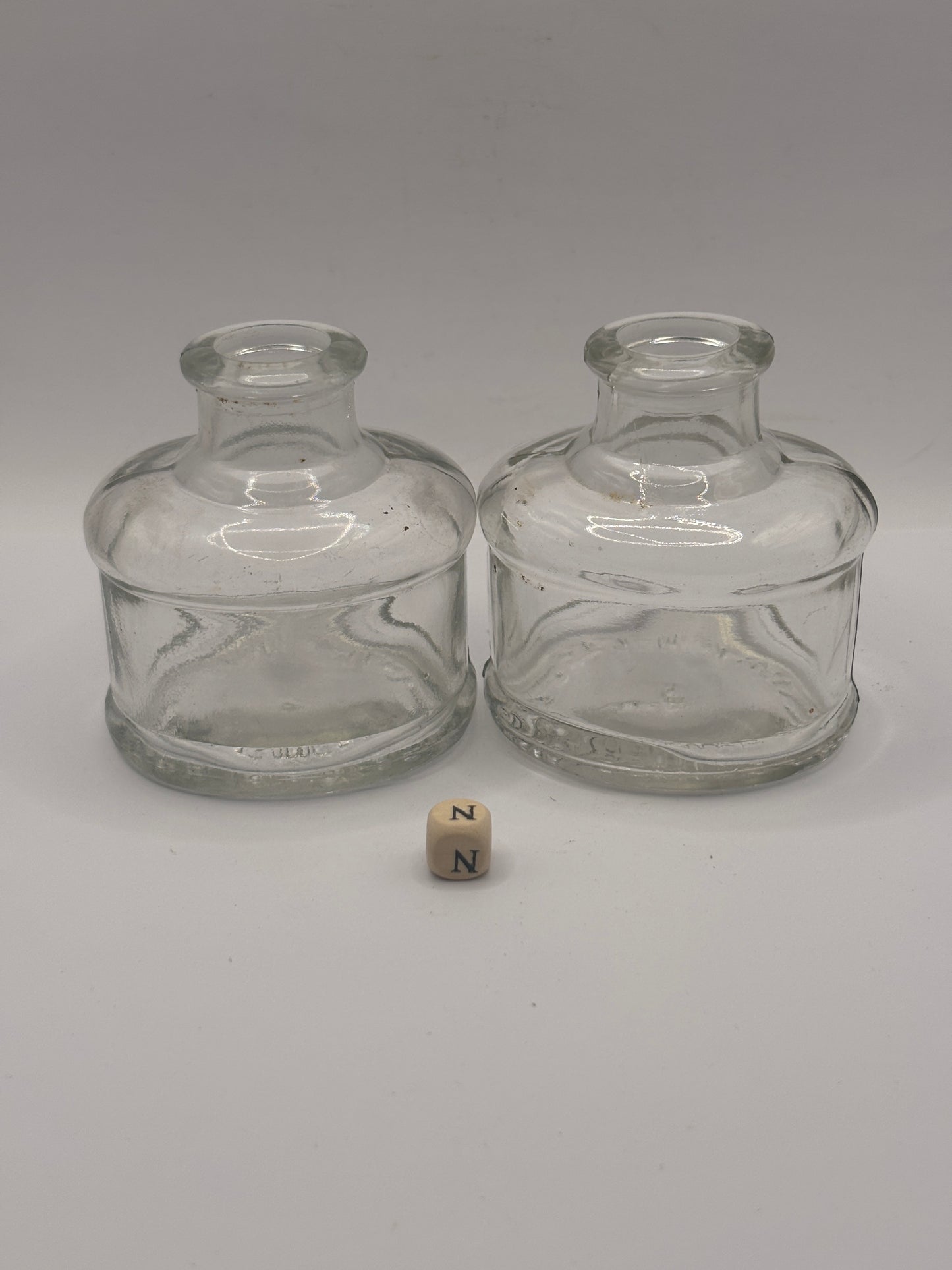 2 old clear glass inks, inkwells, ink bottles (N)