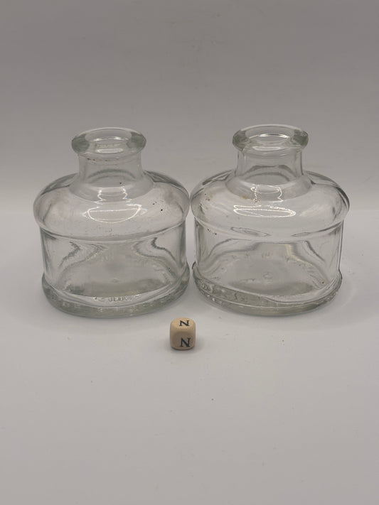 2 old clear glass inks, inkwells, ink bottles (N)