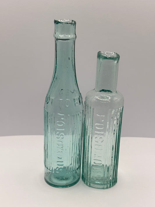 2 Old aqua glass poison bottles, Poisonous not to be taken