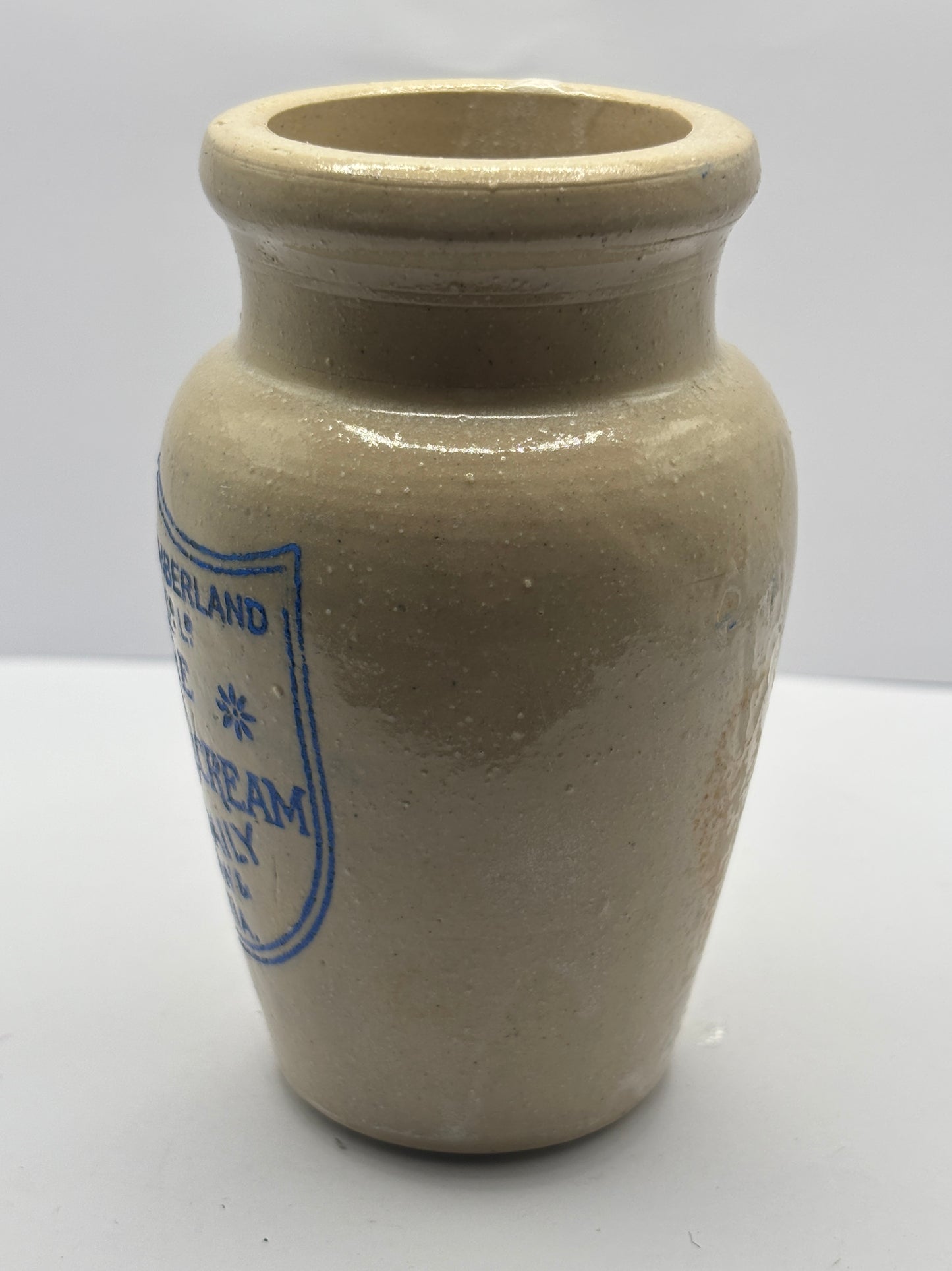 Old blue print advertising stoneware cream pot, Carricks cumberland dairy co, Pure thick cream