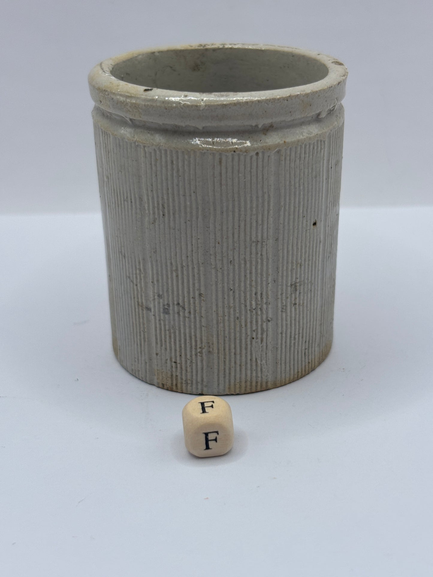 Old mini ribbed stoneware jam pot (f)