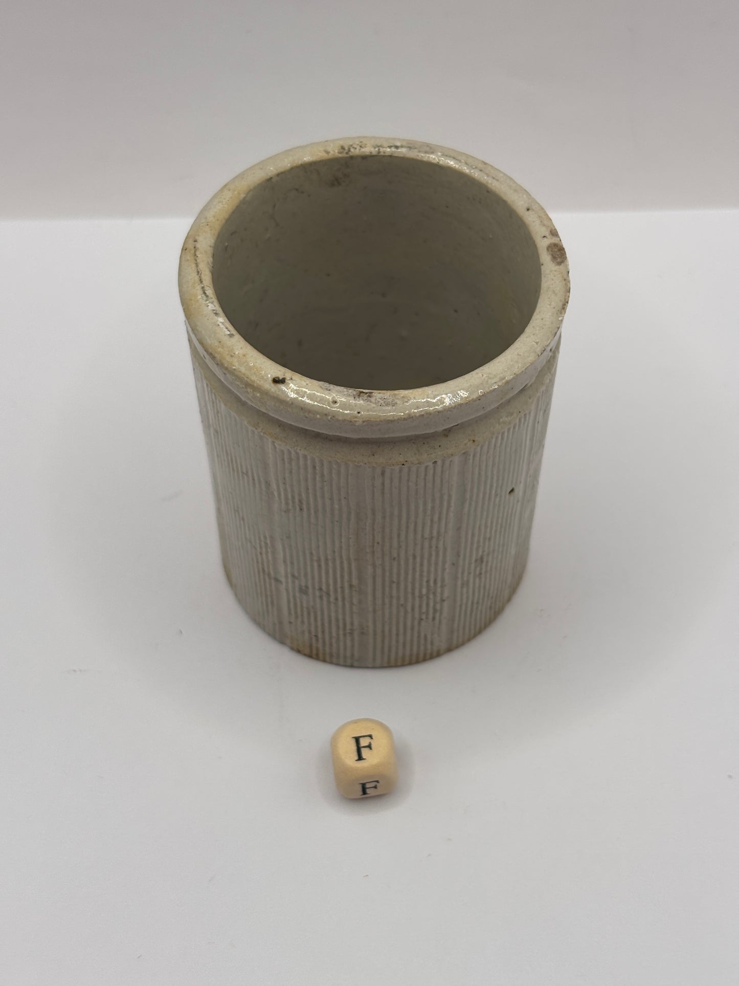 Old mini ribbed stoneware jam pot (f)