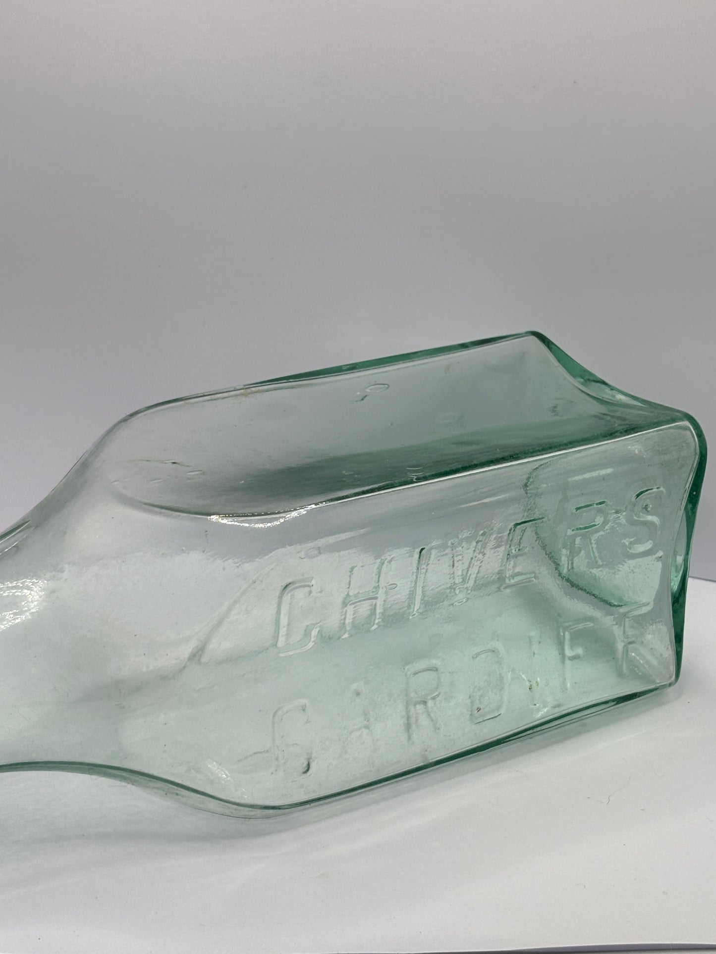 Old large aqua glass Chivers Cardiff advertising jar