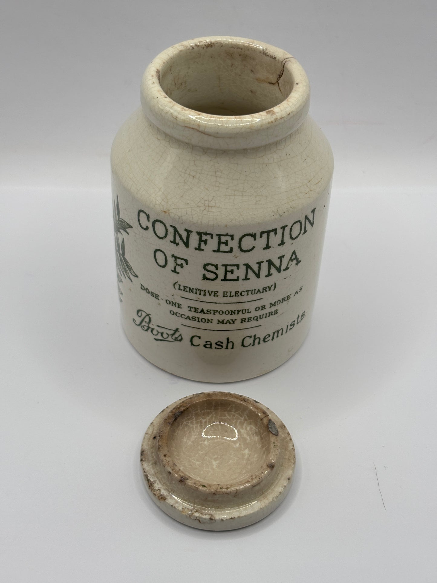 Old advertising jar, Boots confection of senna jar and lid