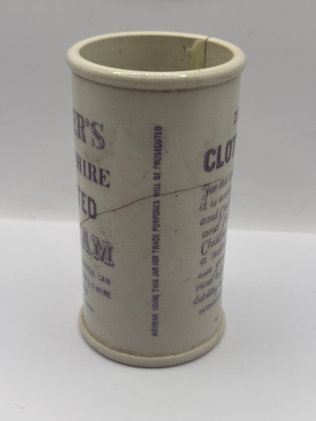 Old rare purple print advertising clotted cream Jar, Horners devonshire clotted cream. Repaired (badly)