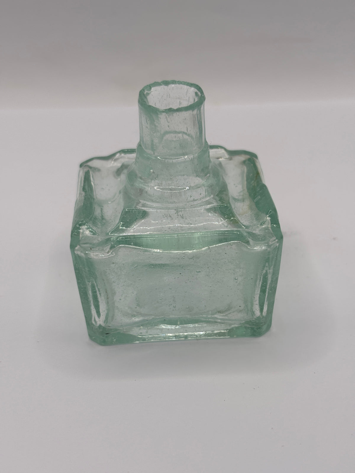 old aqua glass square ink,inkwells, ink bottle. FM & Co 4 pen rests