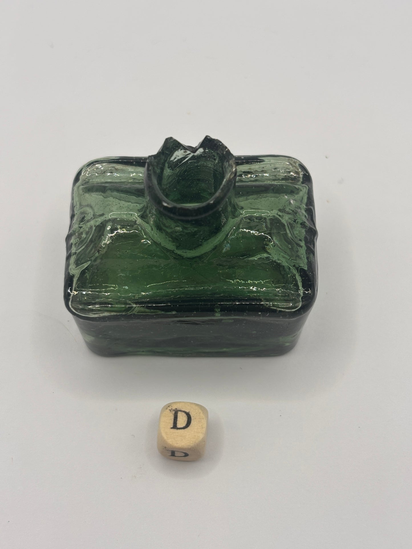Old green glass boat ink, inkwell. Morrells (D) DAMAGED