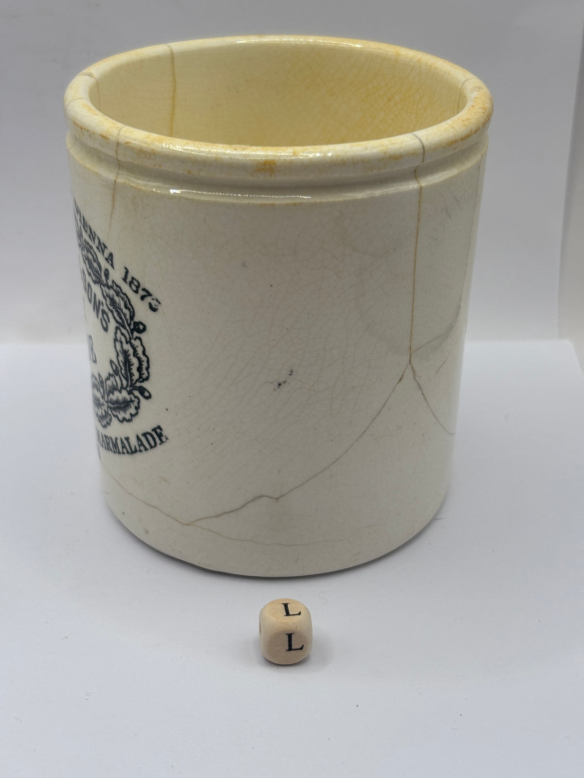 Old 1lb stoneware marmalade pot, James Keiller Dundee marmalade (L) damaged