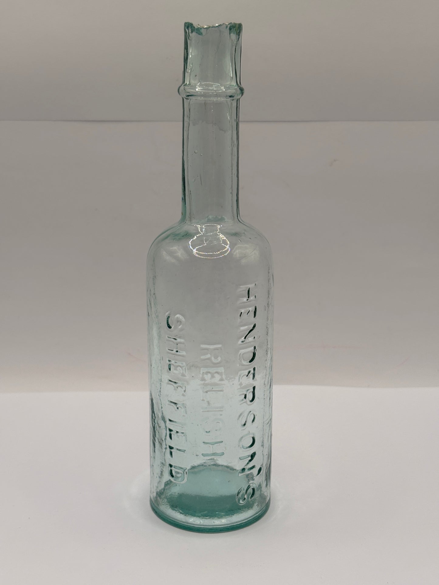 old aqua glass Henderson’s relish bottle