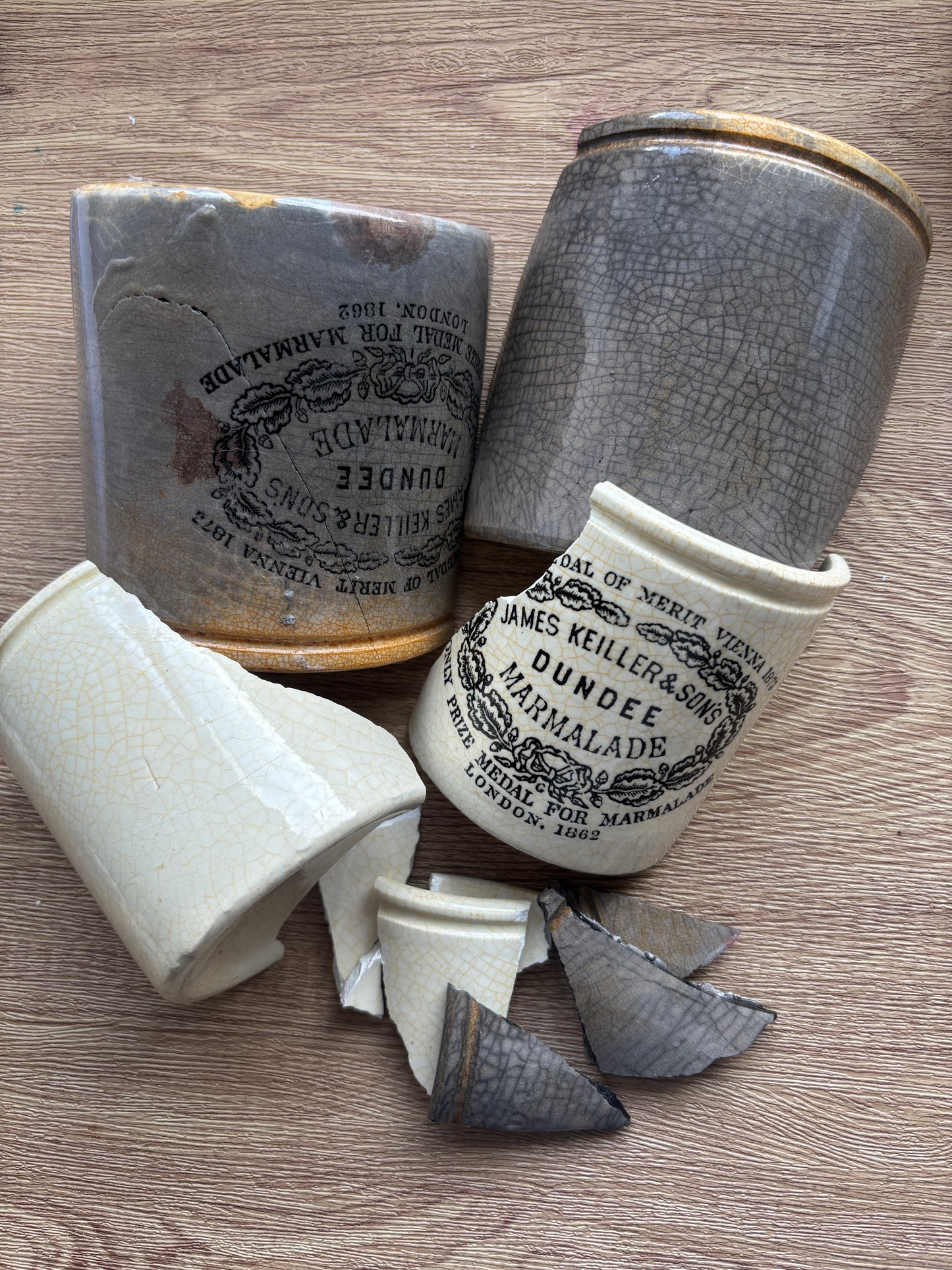 Old Dundee marmalade shards, 2 smashed jars & pots
