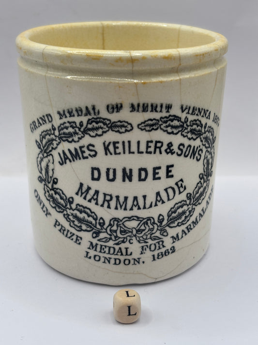 Old 1lb stoneware marmalade pot, James Keiller Dundee marmalade (L) damaged
