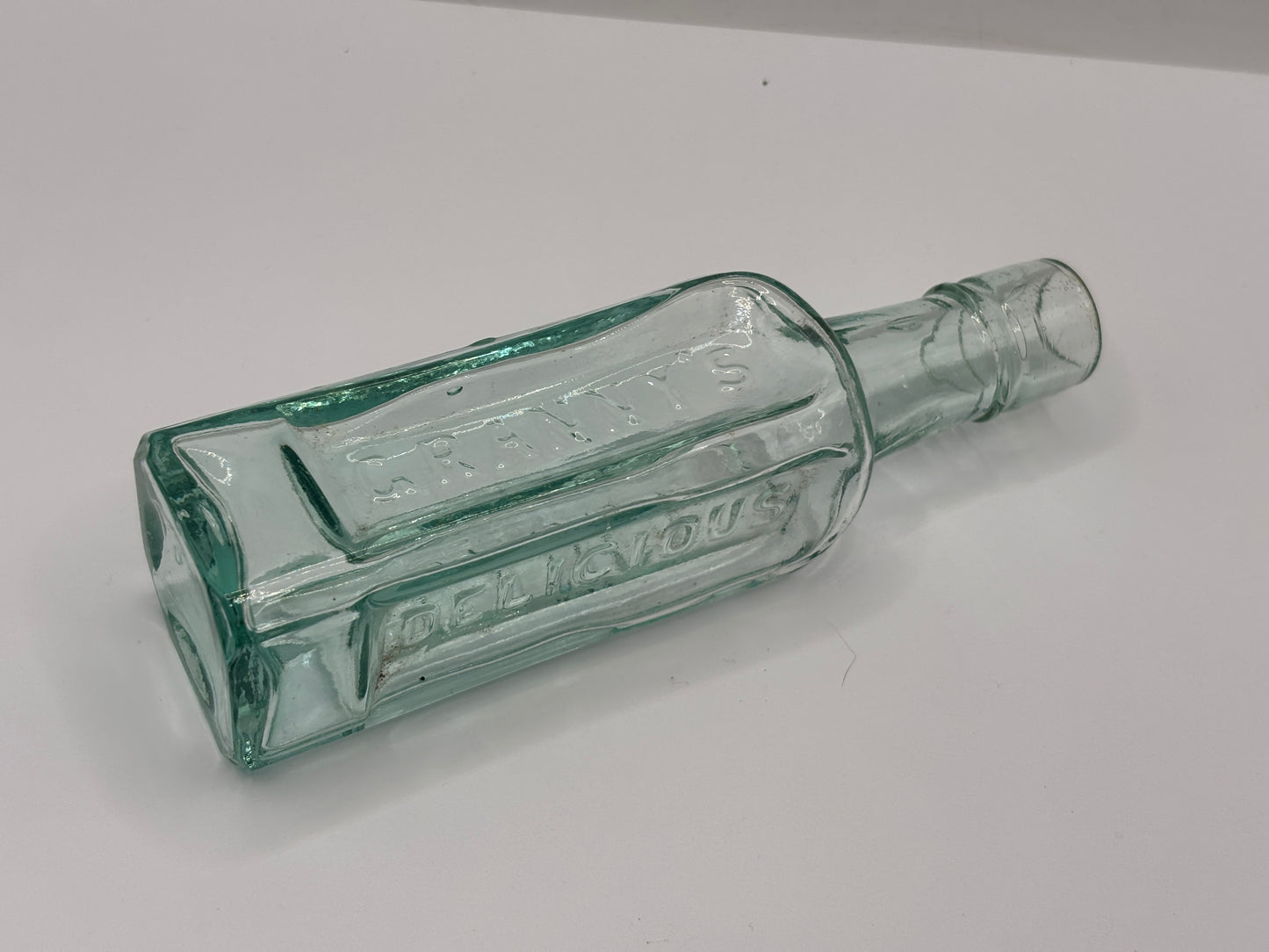 old aqua glass sauce bottle, Grannys delicious sauce