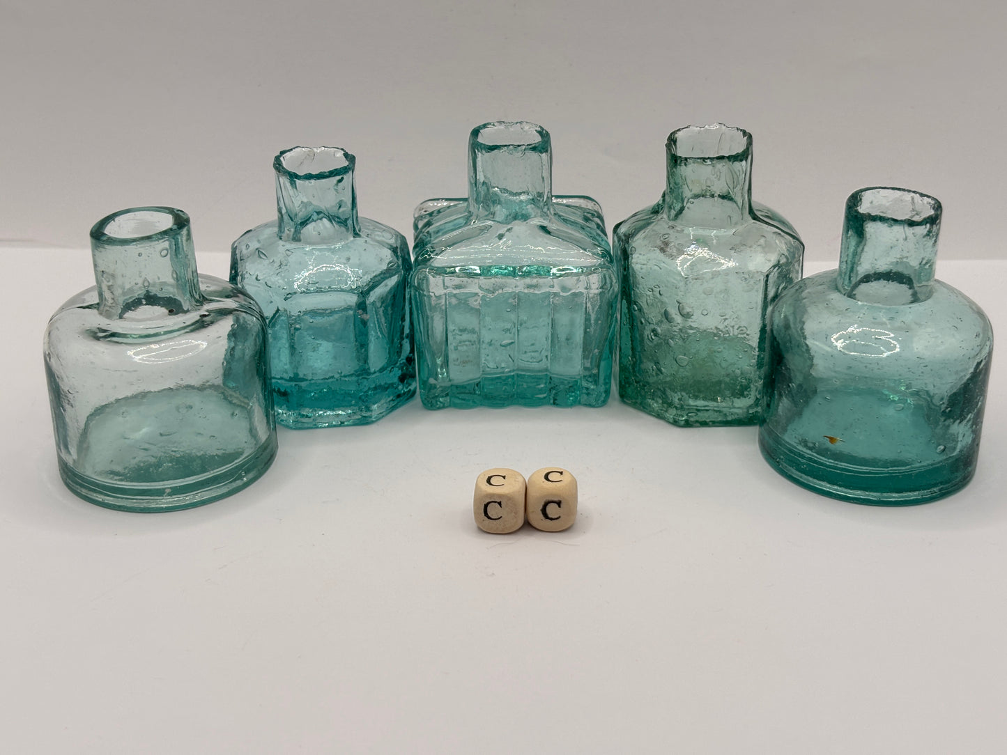 5 old aqua glass inks, inkwells, ink bottles (CC)